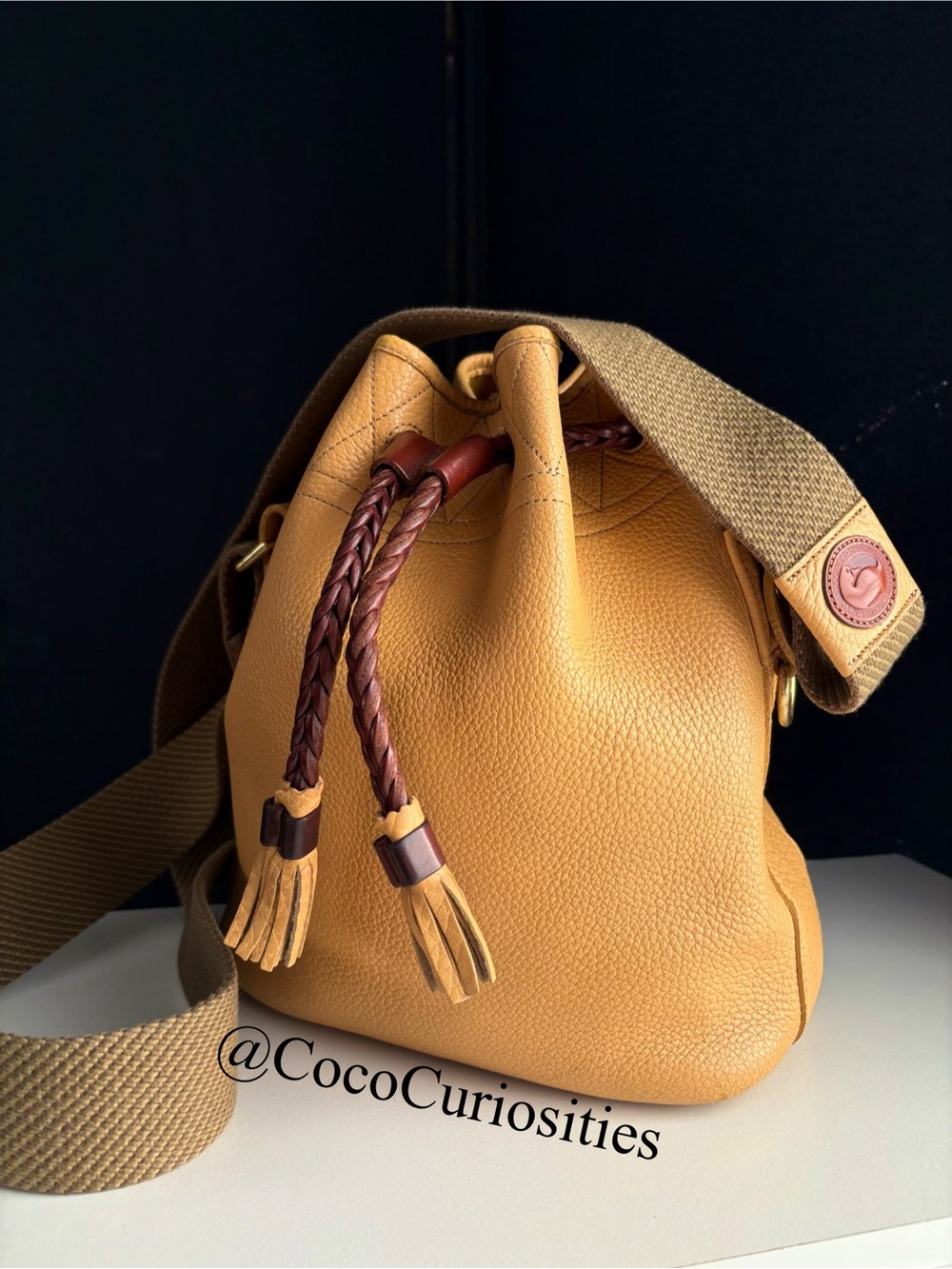 Dooney & Bourke awl Yellow Leather Webster twill strap Drawstring Bucket Bag